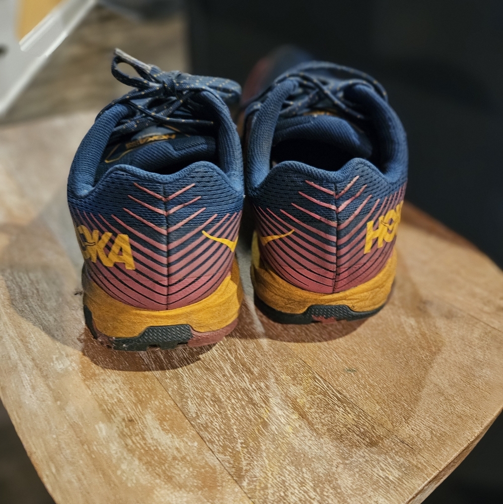 Hoka Blue and Yellow Sneakers with Chevron Design